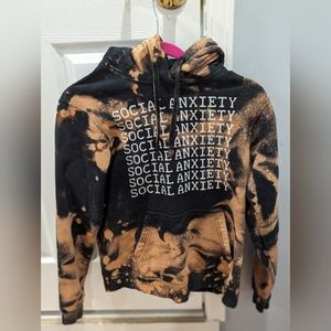 Artisan Handmade bleached Dyed  "social anxiety" hoodie Pre-washed sweatshirt. S